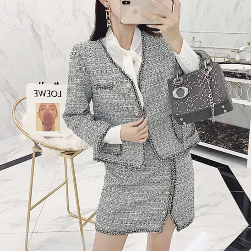 Твидовые комплекты из 2 предметов элегантные женские двух Ретро перьевые