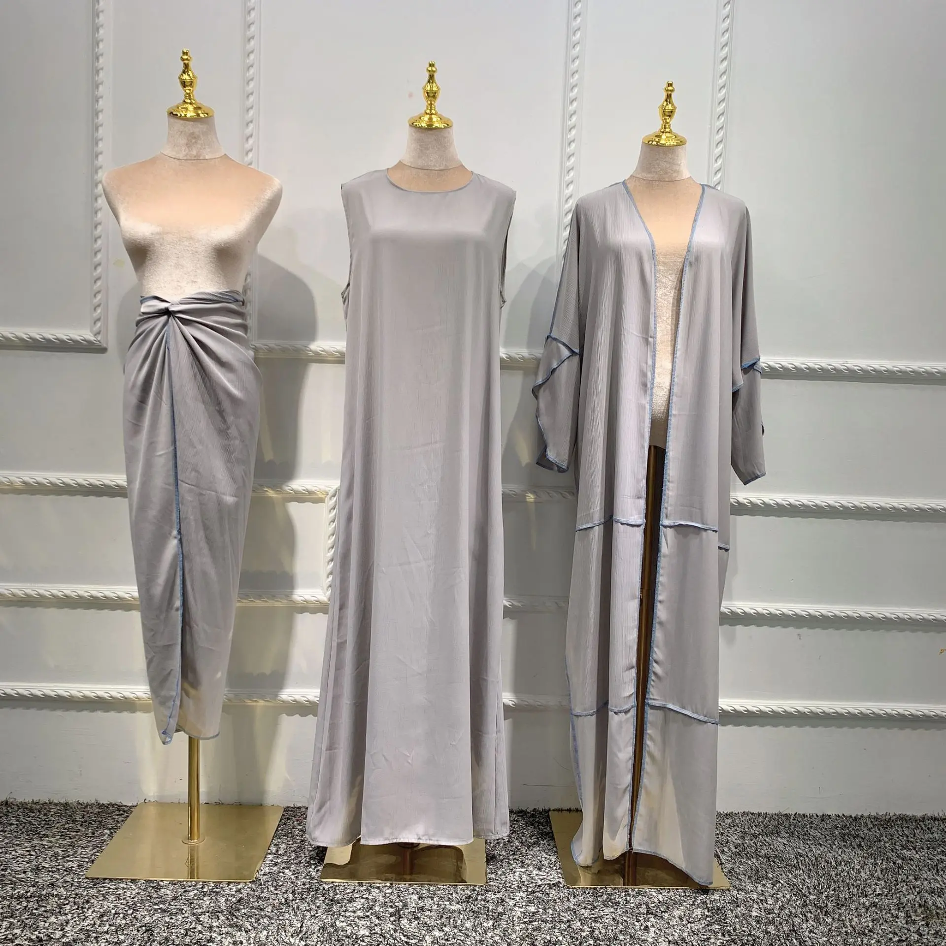 

Женский комплект абайя, кимоно с открытой передней частью, модное платье без рукавов в мусульманском стиле, накидка, юбка, фартук, шифоновый ...