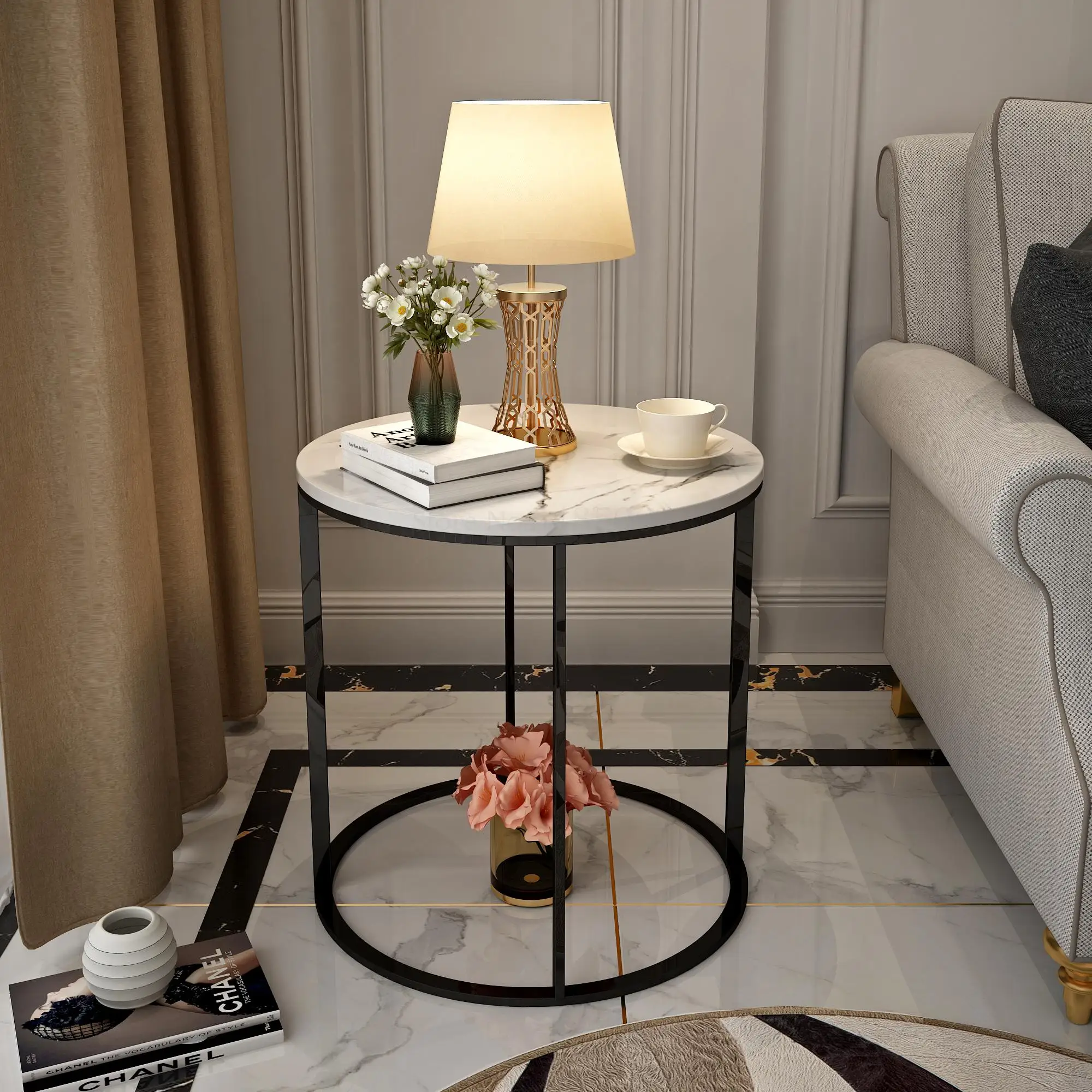 1997 Customized Nordic Sofa Marble Side Corner Coffee Table Light Luxury Iron Metal Bedside Storage |