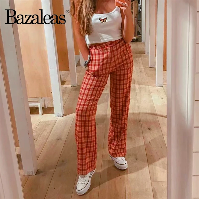 Bazaleas Harajuku 2020 женские брюки с принтом в красную клетку хлопковые высокой талией