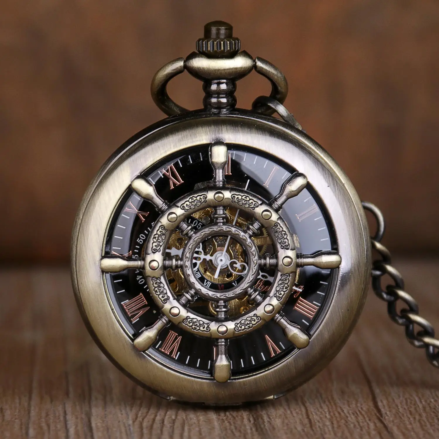 New Arrival Steampunk Boat Rudder Hollow Mechanical Pocket Watches Skeleton Hand-winding Retro Male Clock with Pendant Fob Chain