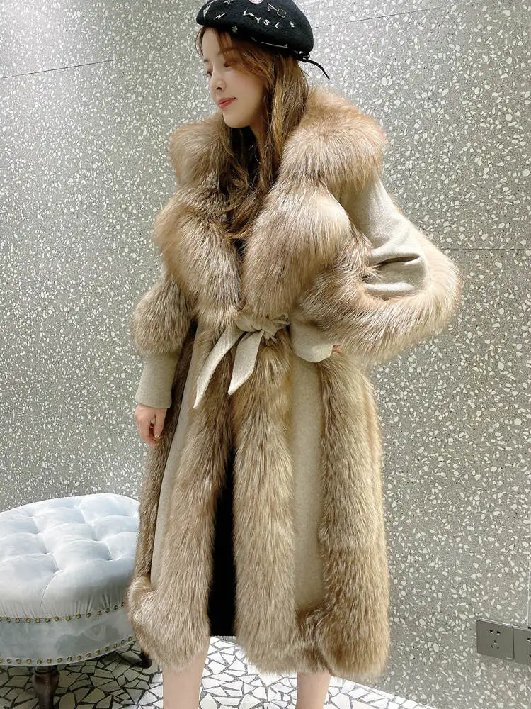 Arlenesain новый дизайн 2019 шерстяное пальто цвета хаки лоскутное из лисьего меха