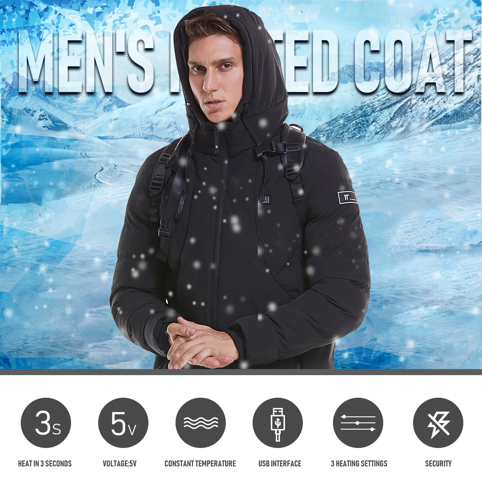 

Men Heated Coat USB Electric Warm Jackets Thick Winter Hoodie for Outdoor Sports Winter Skiing Skateboard Camping Equipment