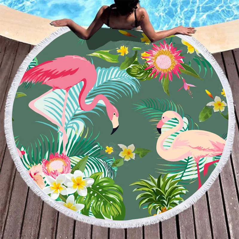 Пляжное полотенце с принтом фламинго тропическим большое круглое пляжное из