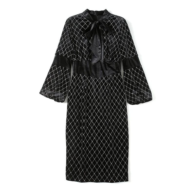 

omen Vintage Velvet Dress V Neck Puff Sleeve Elegant Solid Pencil Dresses Autumn Elastic Ruched Holiday Midi Dress