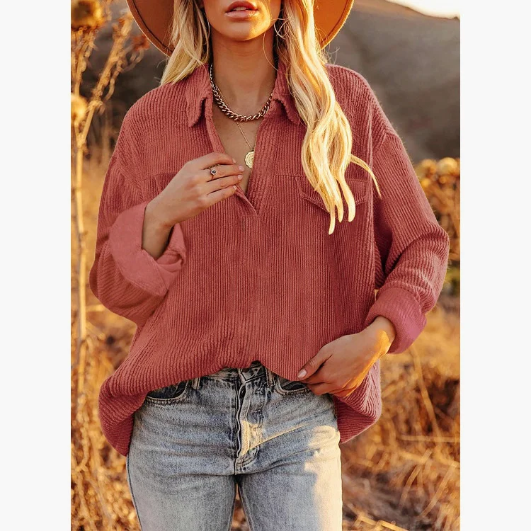 

Women's Corduroy Lapel Top Pullover Loose Solid Color Shirt Coat