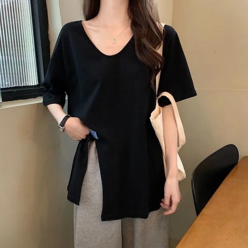 

Women's Summer New Loose Medium Length V-neck Split Cotton Short Sleeve T-Shirt Tops With L 4XL Size Female T Shirts Yalabovso