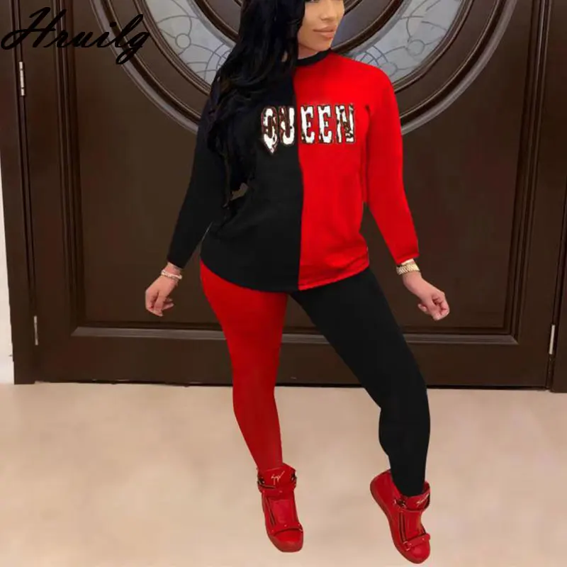 

Sports Suit Color Matching Elastic Waist Casual 2 Piece Set Women Fashion New O-Neck Letter Printing Pullover Vetement Femme