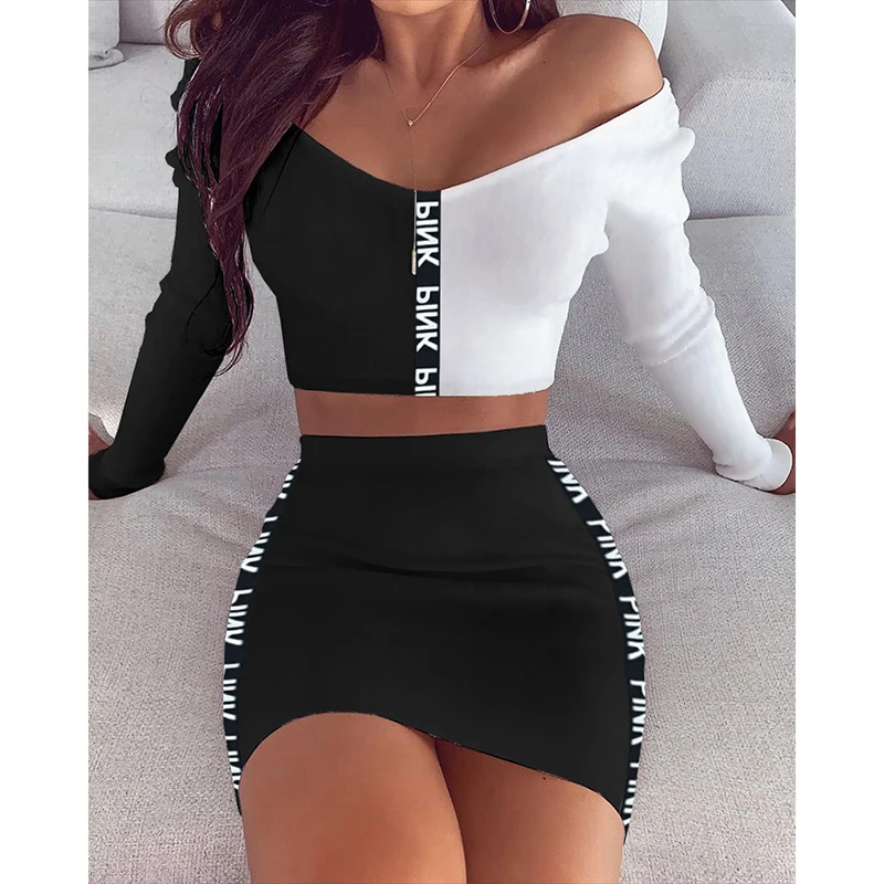 

Two Piece Set Women Sexy V-Neck Full Sleeve Short Top High Wasit Black Letter Print Mini Skirt Harajuku Ladies Outfit SJ8434V