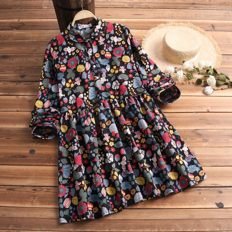 

Celmia Women Vintage Mini Dress 2021 Spring Casual Lapel Long Sleeve Floral Print Sundress Loose Shirt Vestidos Tops