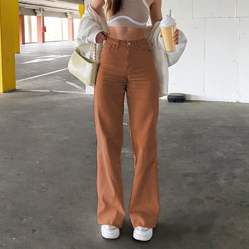 

Fashion Streetwear Jeans Women Club High Waist Button Fly Straight Pants Korean Baggy Denim Holes Pants 2021 new arrive
