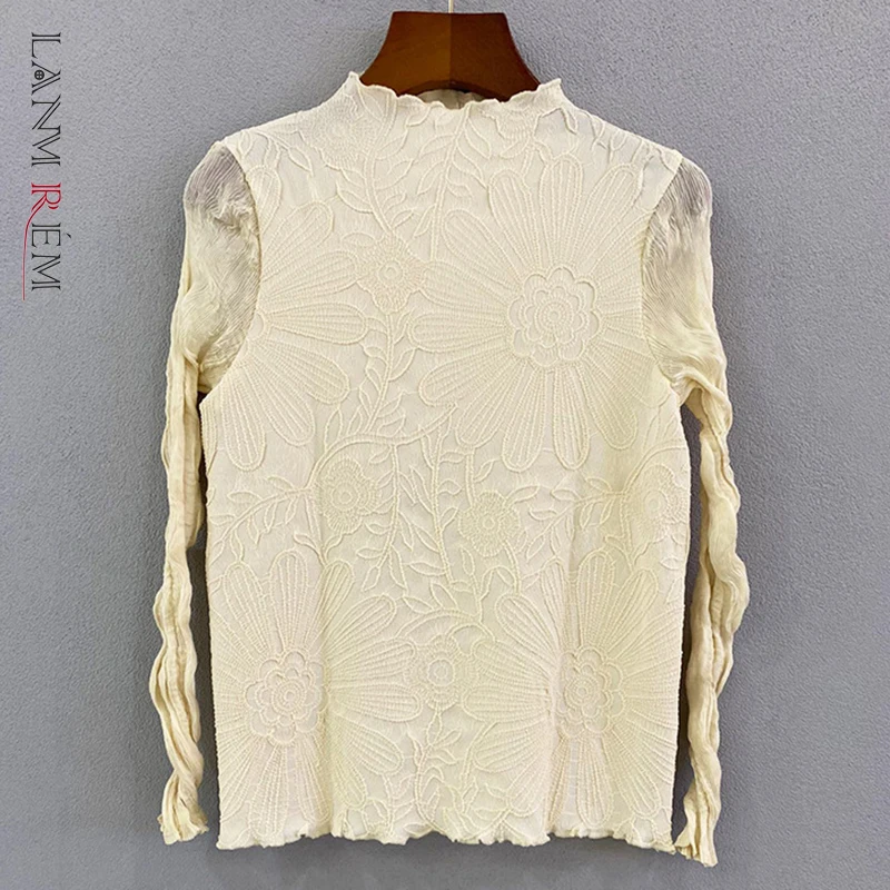 

LANMREM Pleated Long Sleeve Bottoming T-shirt Female 2022 Spring New Loose Design Stand Collar Top Women's Fashion Tide 2W1701