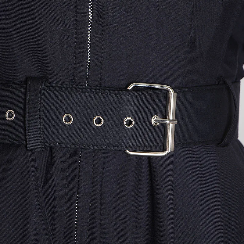 

VGH Casual Loose Jumpsuit For Women Stand Collar Short Sleeve High Waist With Sashes Full Leg Jumpsuits Female Fashion New Style