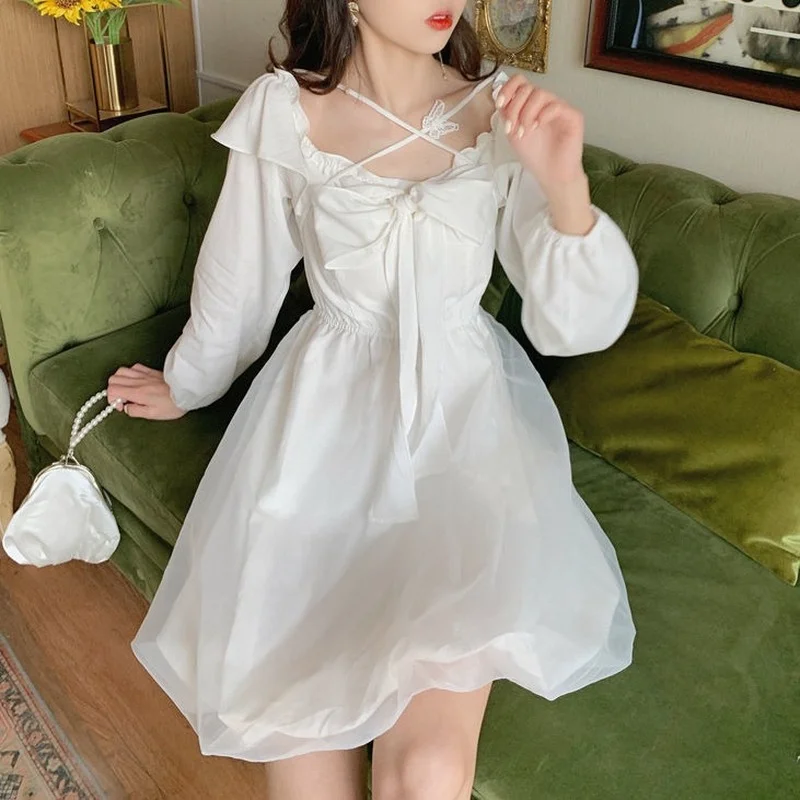 

White Sweet Princess Dress Women Japanese Patchwork Bow Long Sleeve Fairy Dress Elegant Korean Female Dresses Party 2021 Autumn