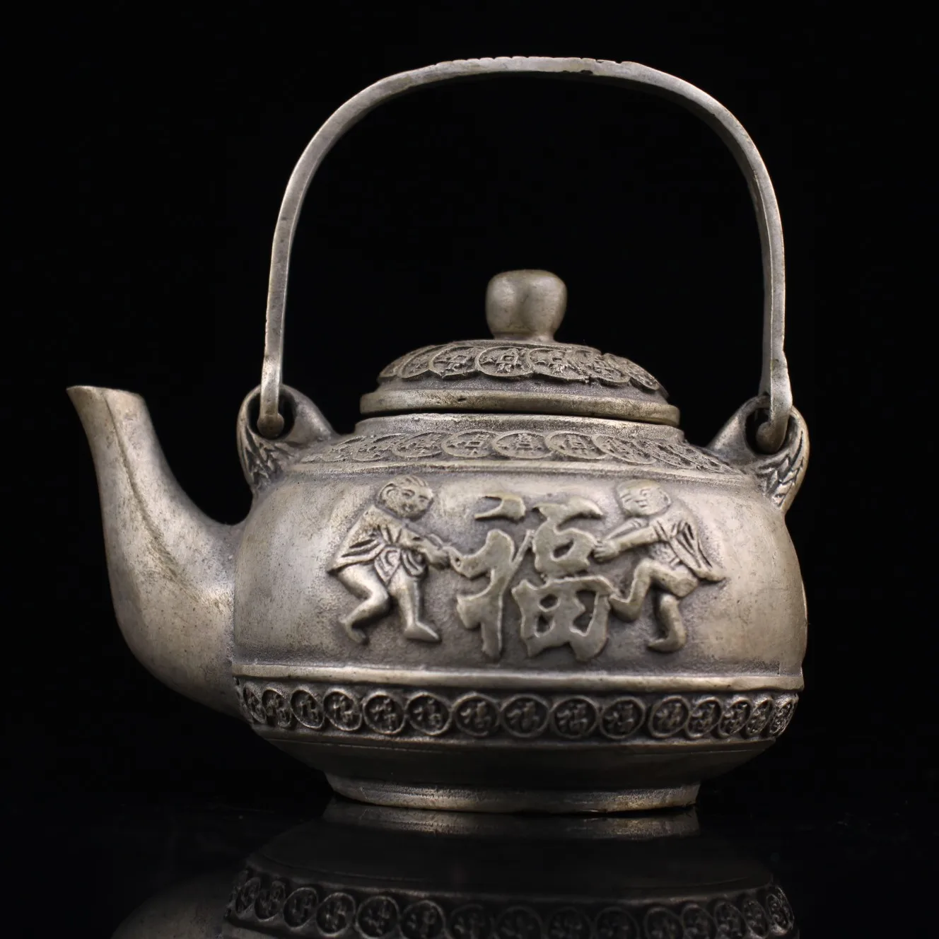 

5"Chinese Folk Collection Old Bronze Gilt silver Boy Send blessings Gather wealth kettle flagon teapot Office Ornaments