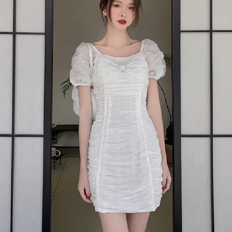 Beach 2021 Summer Office Lady Women Casual Short Sleeve Basic Elegant Dresses Chic Korean Style Bow Design Vintage Mini Dresses