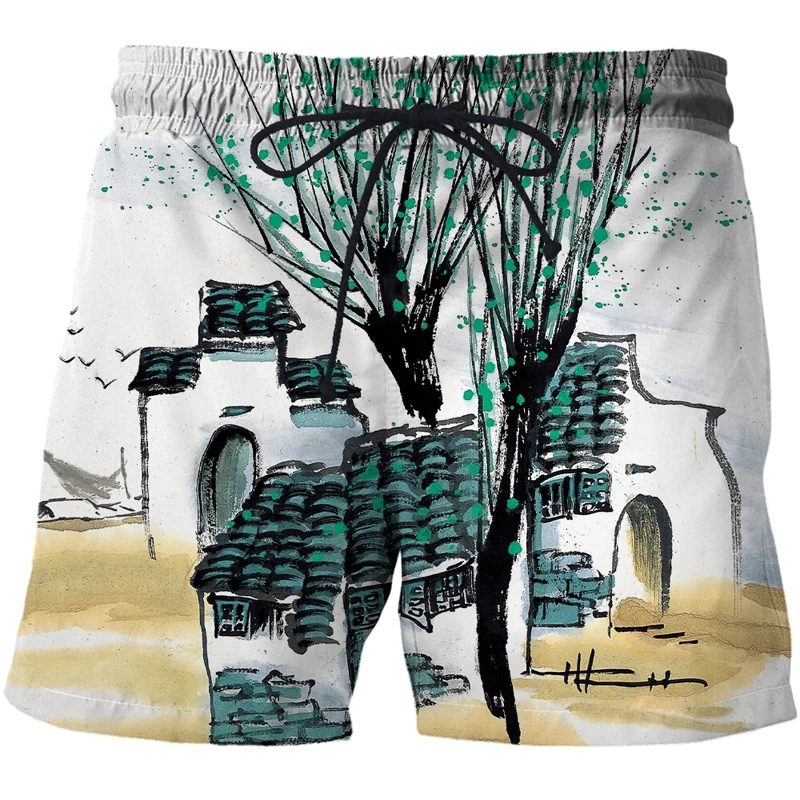 Chinese brush painting 3D Shorts Print Fashion Beach Shorts Summer Casual Let In Air Swimsuit Shorts Oversized For Adult Shorts