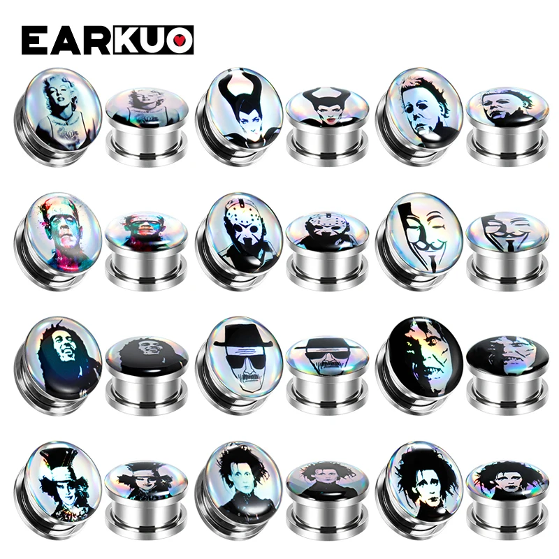 

EARKUO Latest Fashion Film Television Character Figure Stainless Steel Ear Piercing Plugs Expanders Body Jewelry Ear Gauges 2PCS