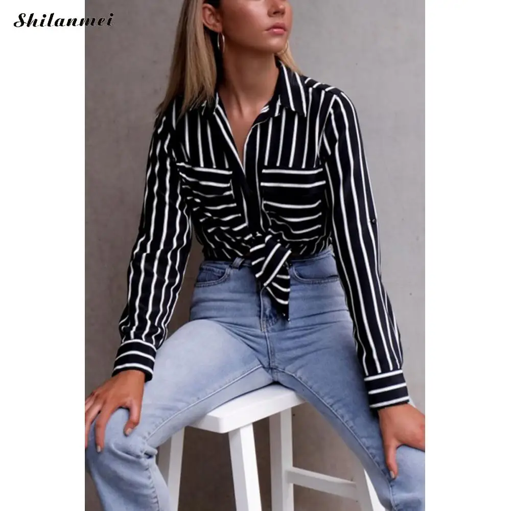 2019 осенние хлопковые элегантные полосатые рубашки блузки с v-образным вырезом и