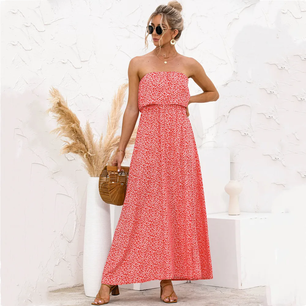 

Fashion Off Shoulder Ruffle Stitching Maxi Dress 2021 Summer New Sexy Tube Top Split Dresses For Women Backless Long Dress Robes