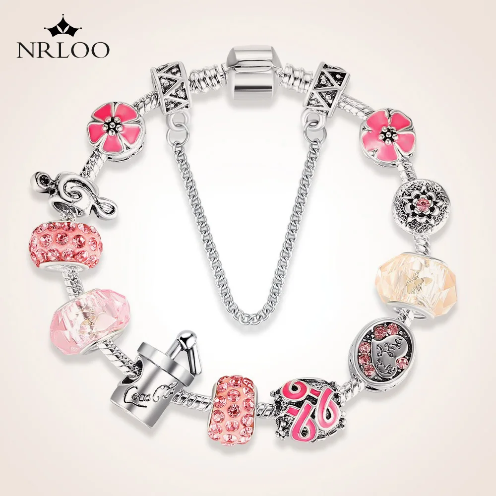 

Pink Love Flowers Charm Bracelets & Bangles Original Fashion Fine Silver Color Travel Camera Beaded Bracelet Jewelry Girly Gift