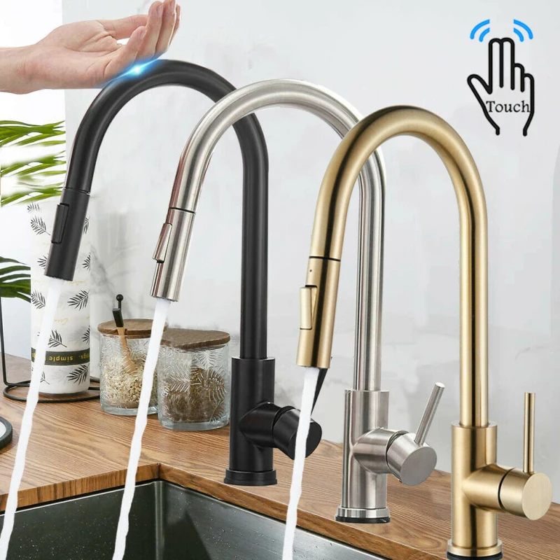 

Sensor Kitchen Faucets Brushed Gold Smart Touch Inductive Sensitive Faucet Mixer Tap Single Handle Dual Outlet Water Modes