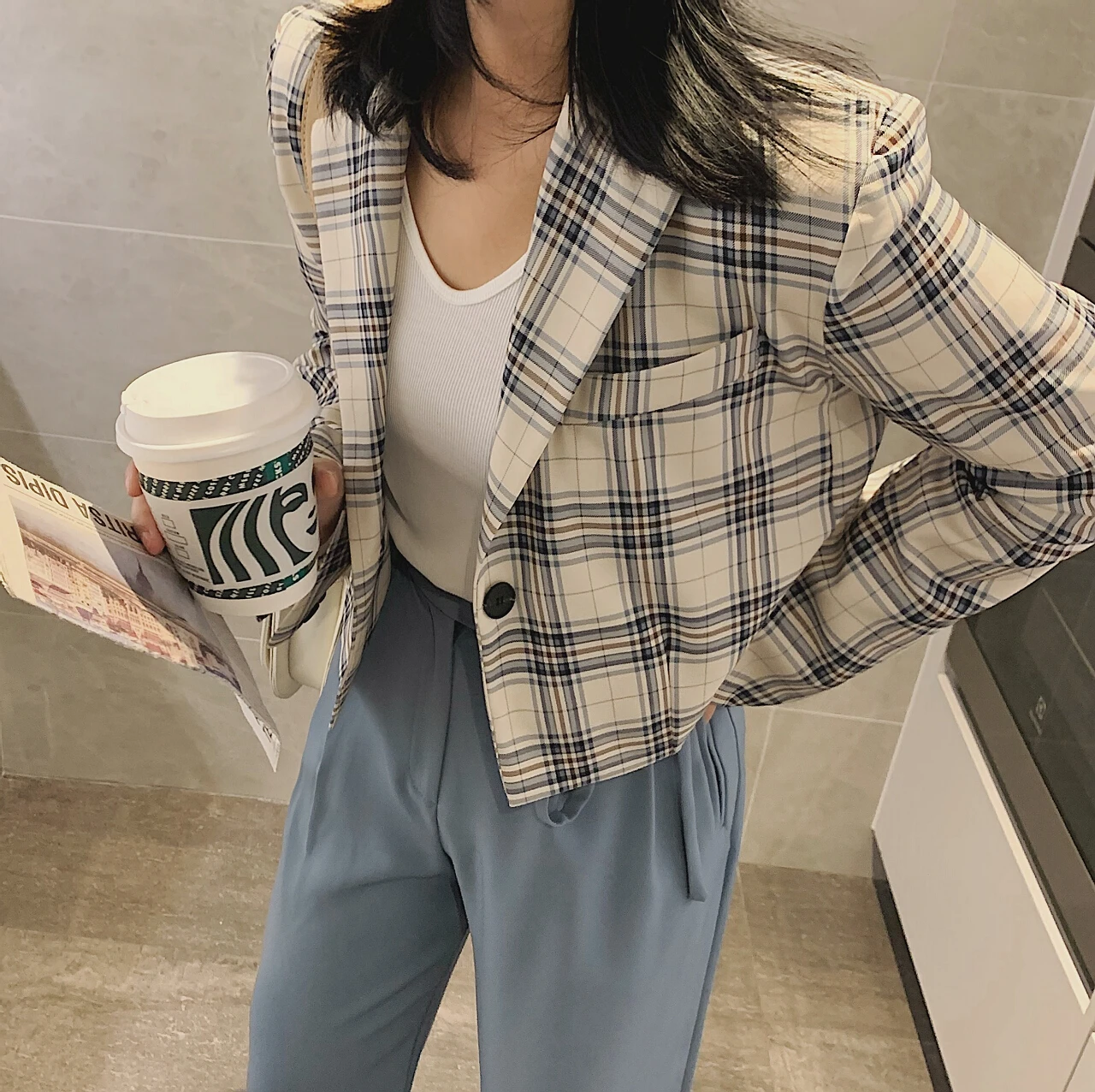 2021 Women's Plaid Checkered Cropped Jackets Blazers Trouser Suits Coat Clothes Spring Female Oversize Office Za Woman Overcoat