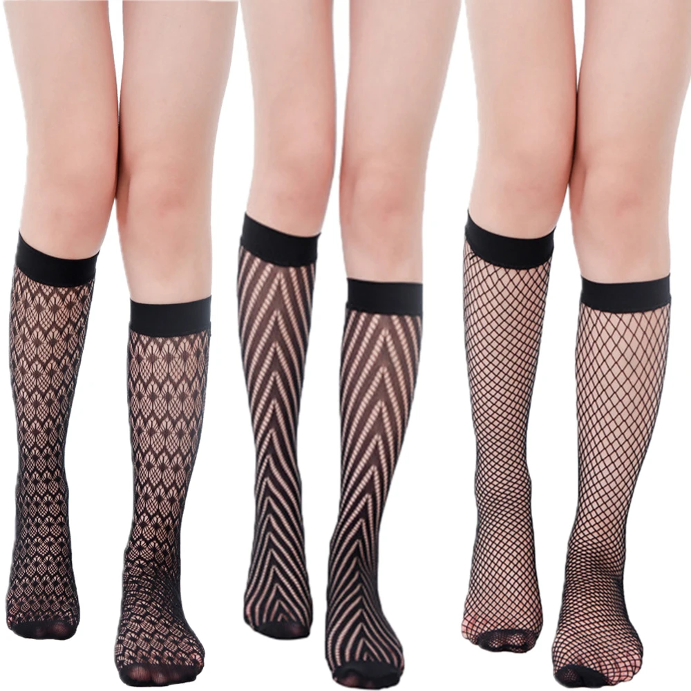 

1 Pair Women Lace Stockings Sexy Jacquard Fishnet Stocking Hollow Anti-of Silk Stockings Black Color Knee High Socks