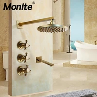 monite rainfall antique brass shower faucet set ceiling mounted handle shower mixer tap square hand shower concealed install