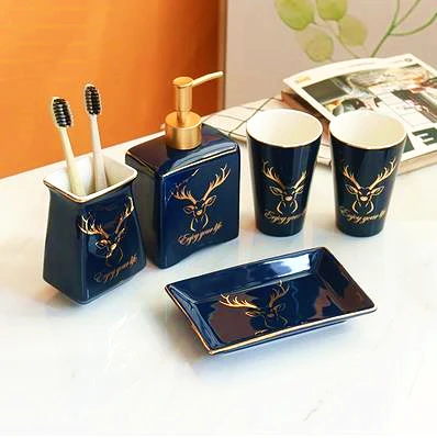 5 PCS SET 1 Navy Набор керамических аксессуаров для ванной комнаты, 5 шт., набор для украшения ванной комнаты, набор для рисования лосем, золотой поднос, 6 шт. в наборе - Цвет: 5 PCS SET 1 Navy