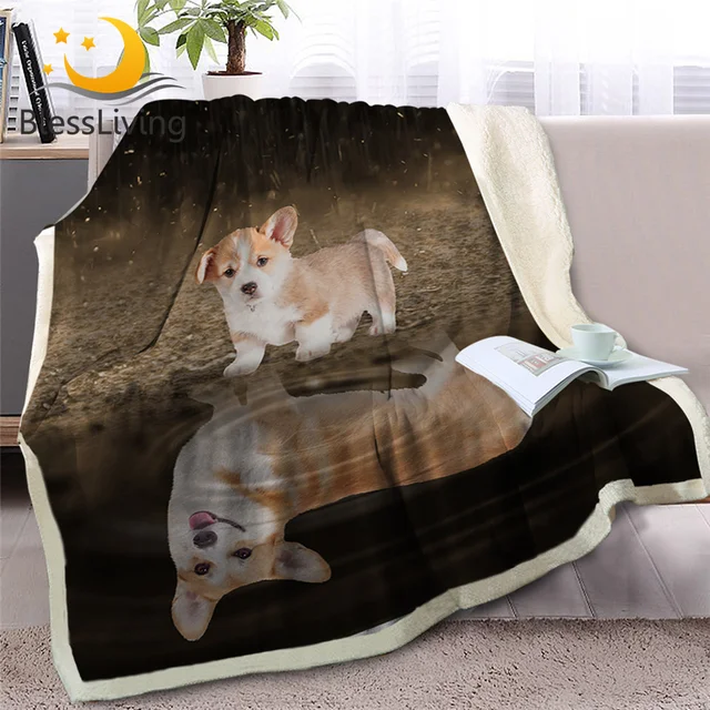 BlessLiving Corgi Sherpa Blanket on Beds Animal Throw Blanket for Kids Dog Reflection Bedspreads 3D Puppy Plush Bedding 130x150 1