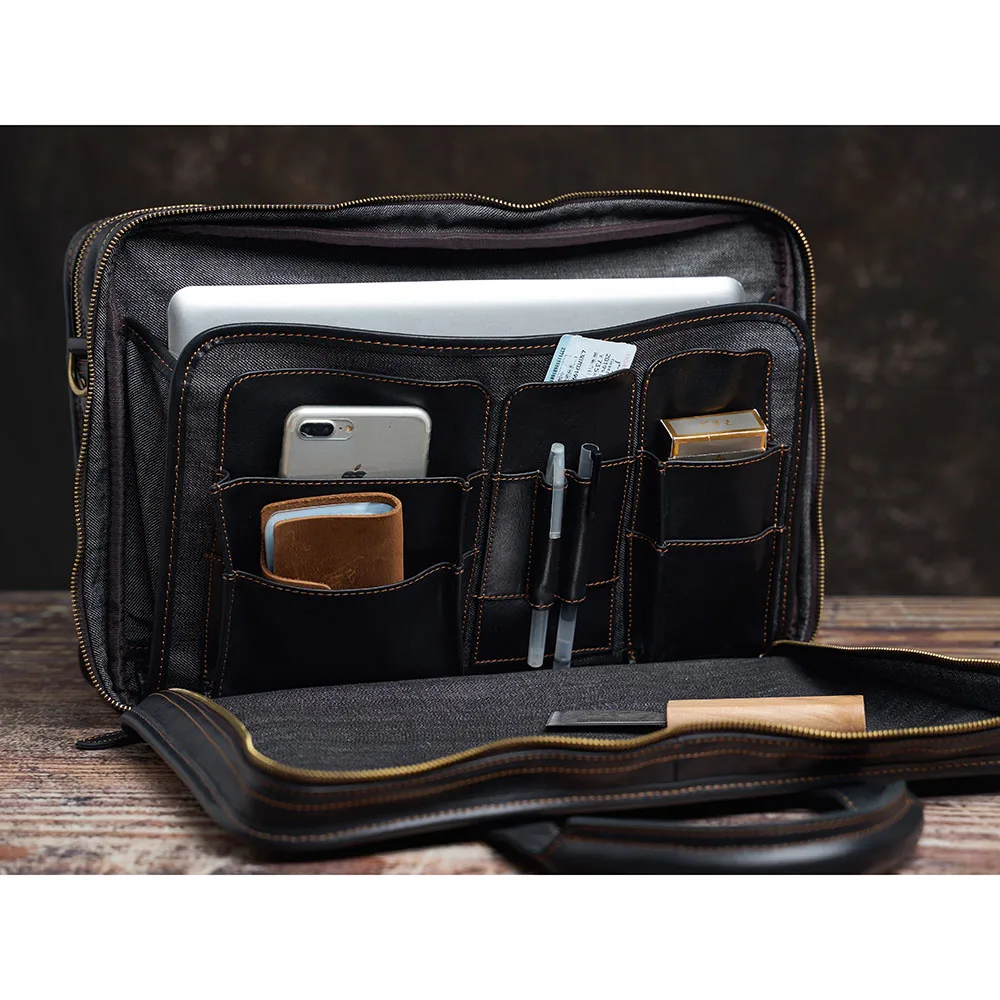 

NUPUGOO Casual Men Handbag Genuine Leather Fashion Briefcase Vintage Large Capacity Shoulder Travel Bag For 16 Inch Laptop