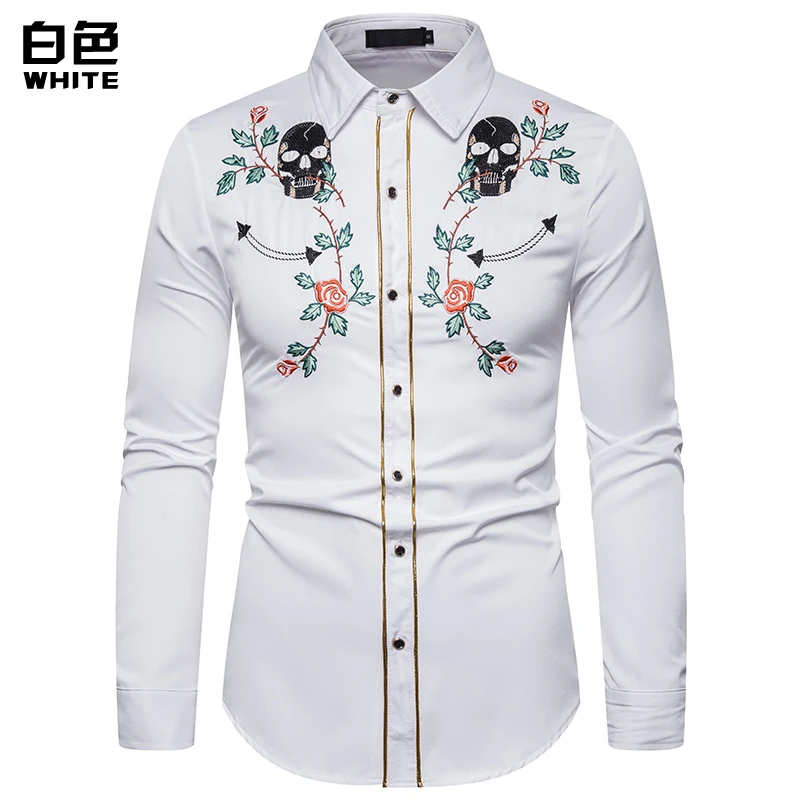 3 White Shirt Брендовая мужская рубашка высокого качества с вышивкой черепа, рубашка, приталенная Повседневная ковбойская рубашка с длинными рукавами, европейские размеры, рубашки размера XXL - Цвет: 3 White Shirt