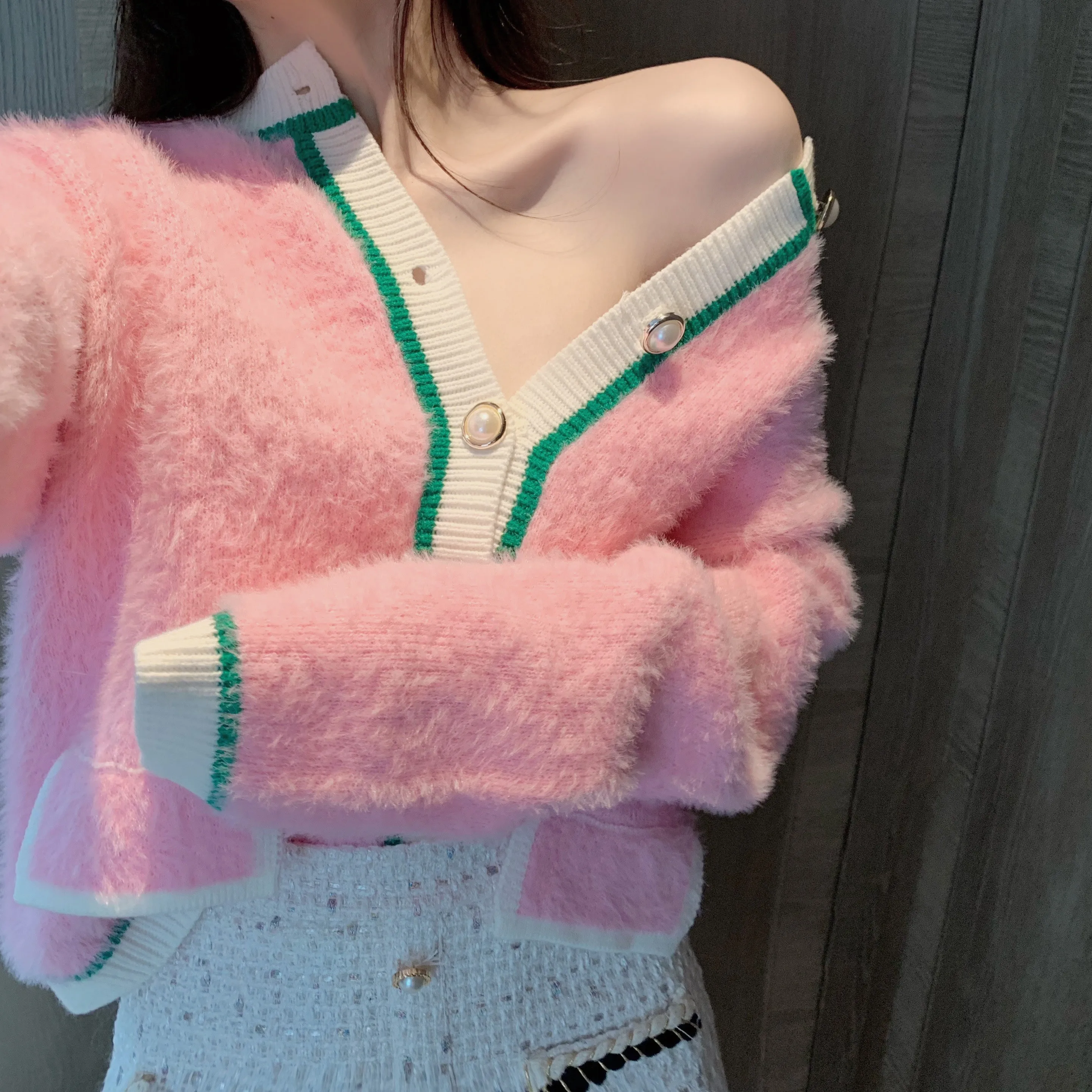 Женский укороченный свитер Ulzzang розовый свободный дизайнерский кардиган в