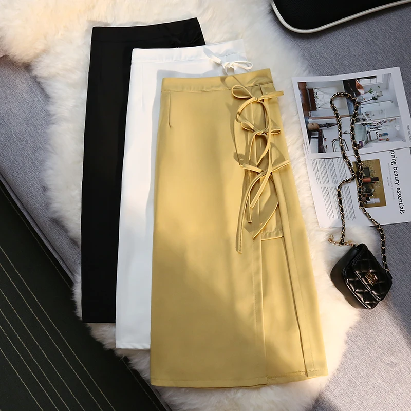 

Limiguyue Chic Irregular Skirt Lace Up Office Lady Black White Yellow Midi Skirt Splits Summer Women Hight Waist Skirts K1241