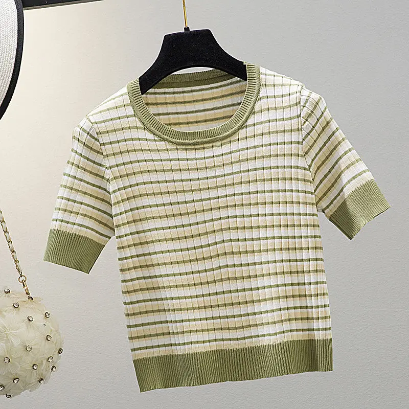 

Short sleeve 2021 new female Korean style loose round neck thin knit striped T-shirt Joker short jacket ins tide