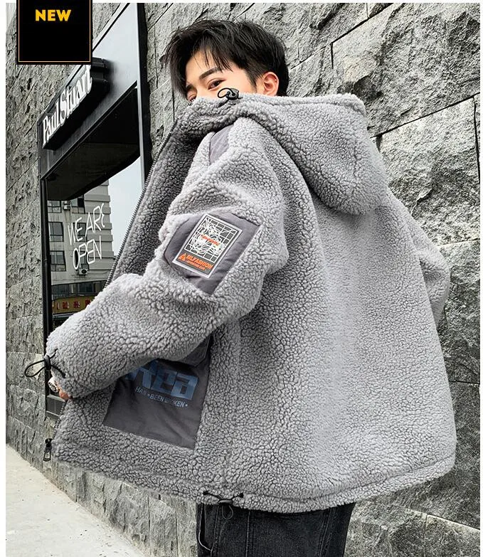 

Mens Hoodies Sweatshirts Coat Winter Long Sleeve Lamb Fur Hooded Jacket Warm Thick Male Casual Outwear Fashion Outcoat