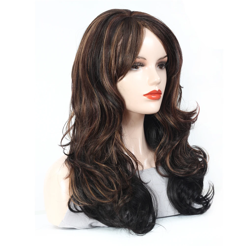 Длинные волнистые синтетические волосы с челкой Модный черный смешанный