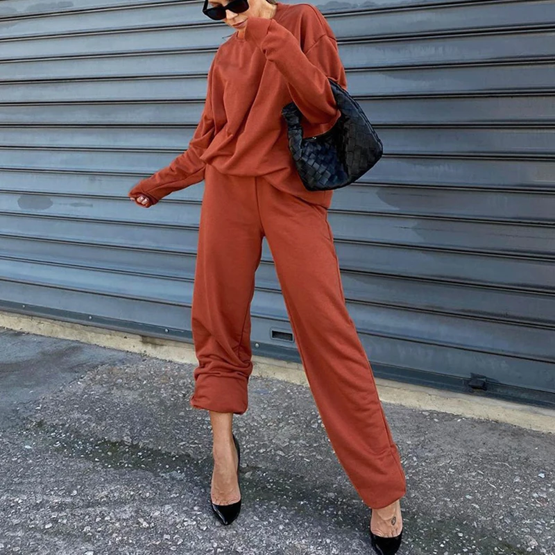 Sister Fara Spring Autumn Women's 2 Piece Jumpers O-neck Knit Hoodie Sweater+High Waist Loose Wide Leg Pants Ladies Casual Suit |