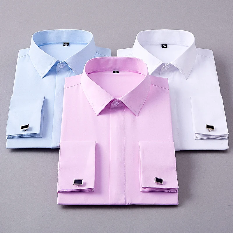 

Men's Classic French Cuffs Solid Dress Shirt Covered Placket Formal Business Standard-fit Long Sleeve Office Work White Shirts