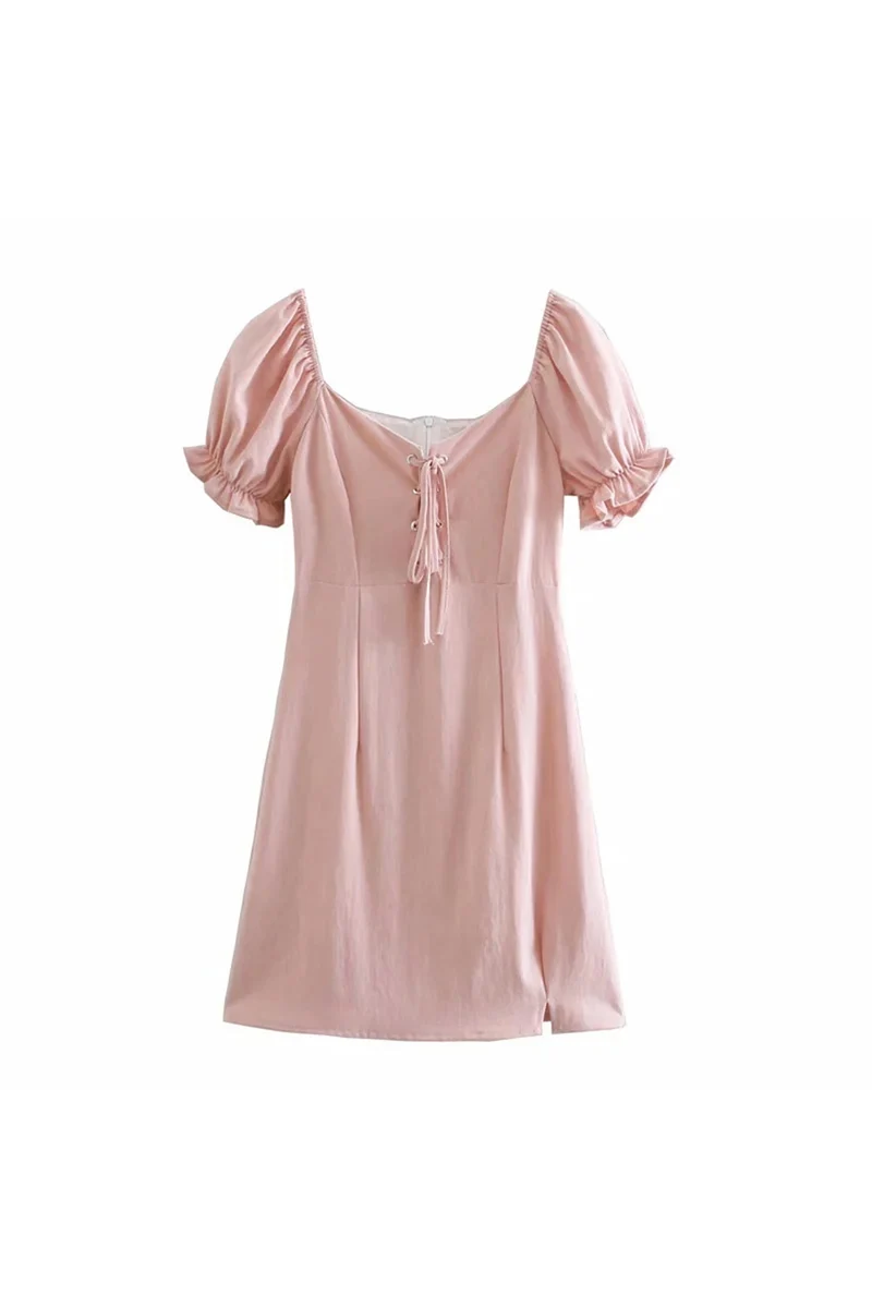 

French Style Square Neck Lace Up Split Dress 2021 New Style Bubble Sleeve Waist Style Holiday Skirt