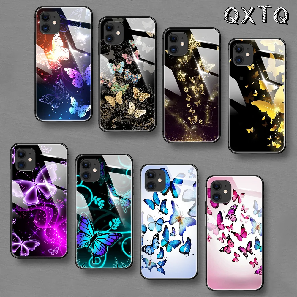 

Butterfly Aesthetic Art Tempered Glass Phone Case For IPhone 5 6 7 8 11 12 13 S SE X Xs Xr Plus Pro Max IPhone13 Mini Cover Cell