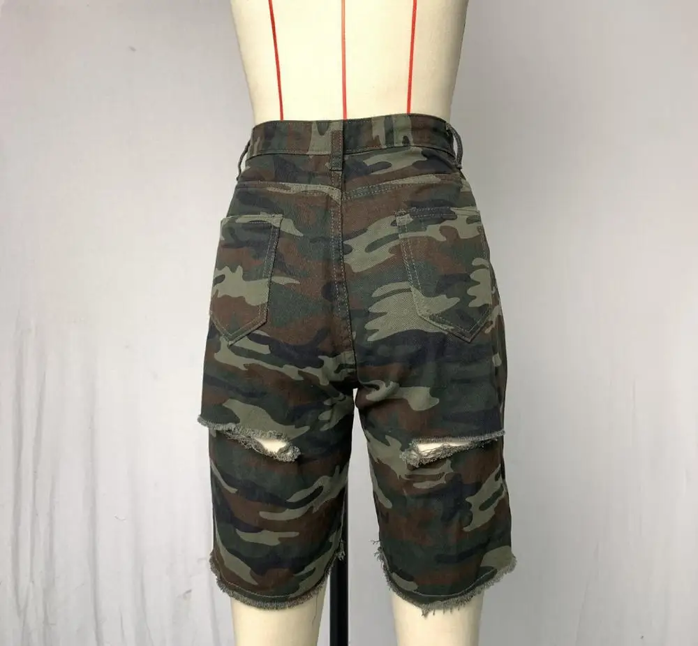 

Ripped Camouflage Jeans Female High Waist Jeans Casual Short Pant Women Camouflage Denim Pants