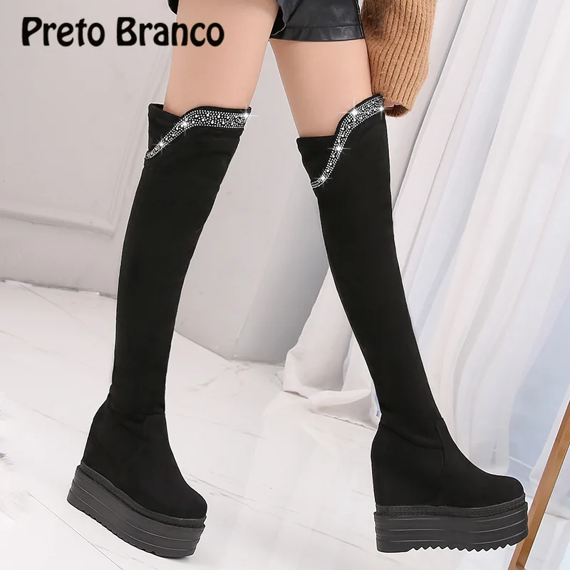 

PRETO BRANCO Winter 13cm Hate High Thick-soled Stretch Fleece Inner Increase Women's Boots Rhinestone Over The Knee Boots ZYW