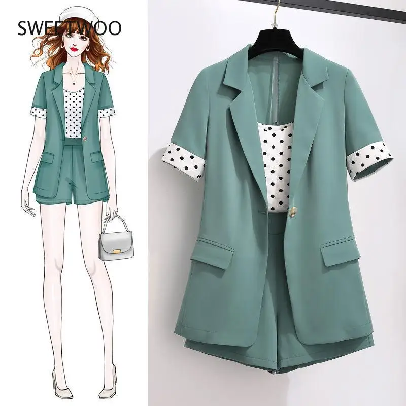 

2021 New Summer Women Three Piece Sets Office Polka Dot Tops + Shorts Solid Pants Female Work Ladies Suit Casual Plus Size