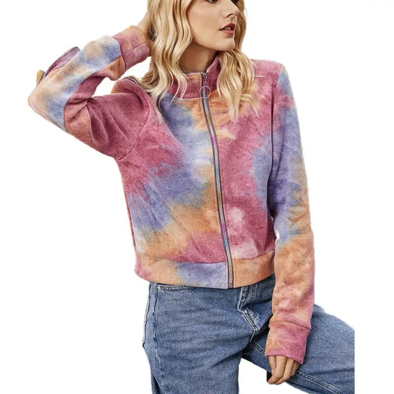 

Womens Autumn Winter Tie Dye Long Sleeve Stand Collar Zipper Up Jacket Coat Casual Short Bomber Outwear Tops