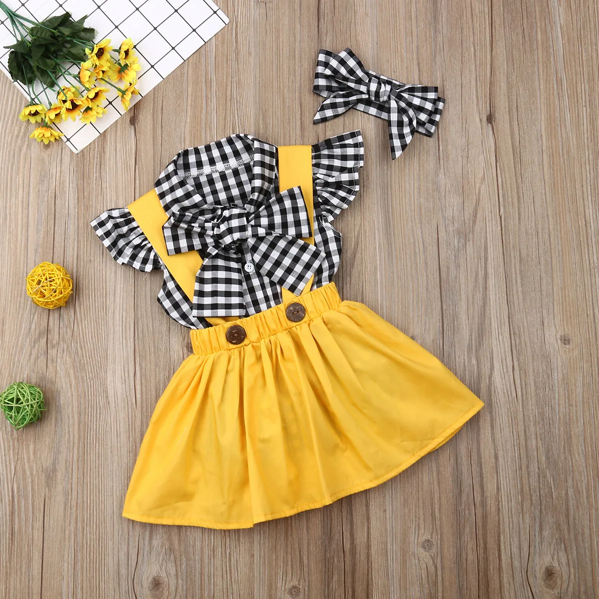 3Pcs Toddler Baby Girl Clothing Set Checks T-shirt Top Skirt Dress Headband Plaid Baby Outfit Casual Kids Clothes Girls Clothing