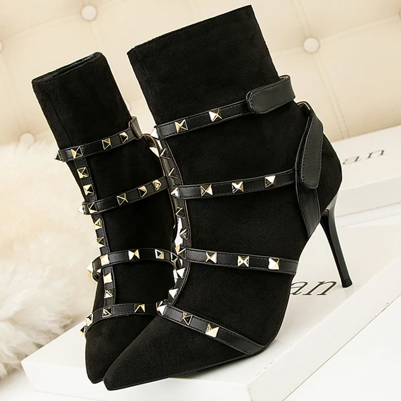 Black 9cm Модные роскошные женские туфли на высоком каблуке 11,5 см; Шелковый носок с заклепками; ботильоны на шпильке; красные весенние туфли с шипами; Scarpins - Цвет: Black 9cm