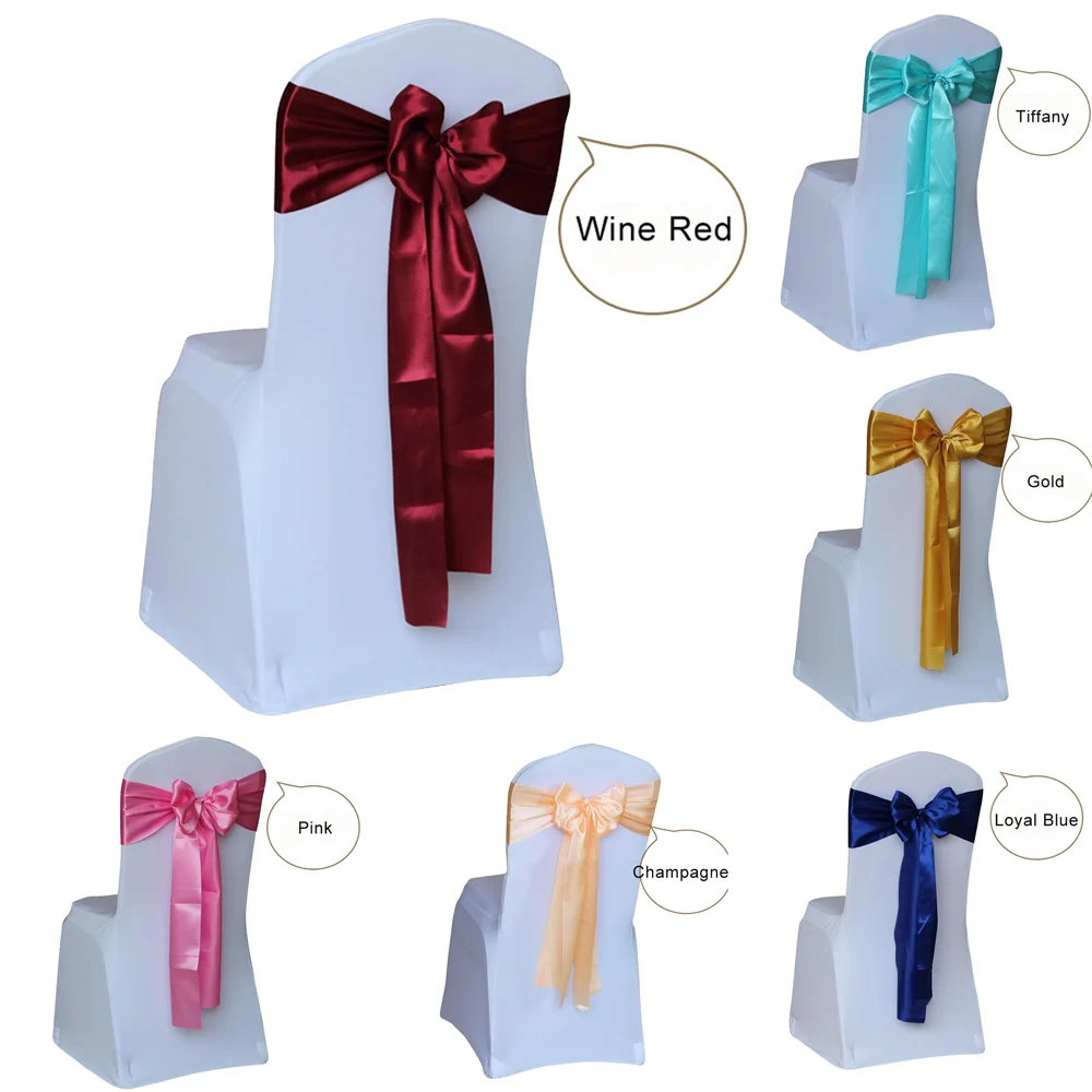 Cheap 50pcs/lot Red/Gold/BLue 14 Color Wedding Chair Sash Satin Fabric Bow Tie Ribbon Band Decoration Hotel Party Supplies
