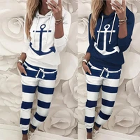 drawstring anchor printing two piece women full sleeve hooded top long pants suit clothes set clothing sport suit fashion new